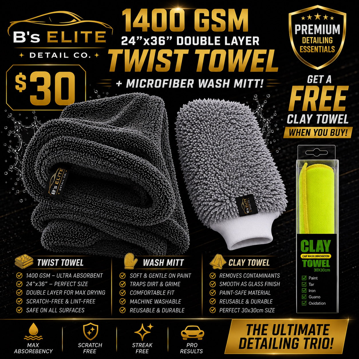 B's Elite Detail Co. Ultimate Detailing Bundle | 1400 GSM 24"x36" Double Layer Twist Loop Drying Towel + Microfiber Wash Mitt + FREE Clay Towel