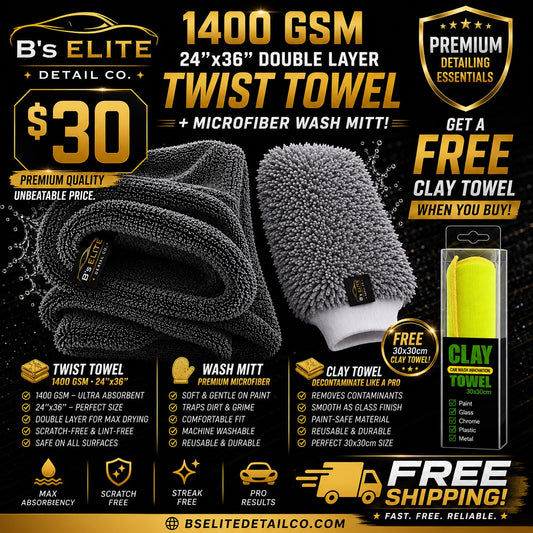 B's Elite Detail Co. Ultimate Detailing Bundle | 1400 GSM 24"x36" Double Layer Twist Loop Drying Towel + Microfiber Wash Mitt + FREE Clay Towel+ Free Shipping!