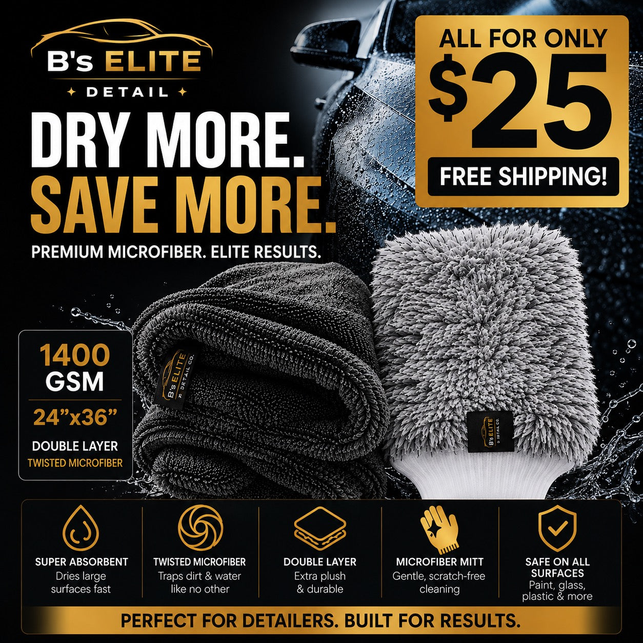 B's Elite Detail Co. 1400 GSM 24"x36" Double Layer Twist Loop Drying Towel + Premium Microfiber Wash Mitt Bundle