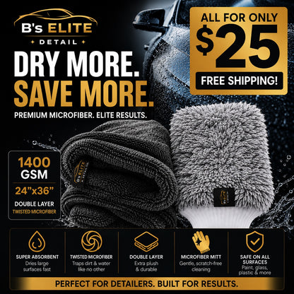 B's Elite Detail Co. 1400 GSM 24"x36" Double Layer Twist Loop Drying Towel + Premium Microfiber Wash Mitt Bundle